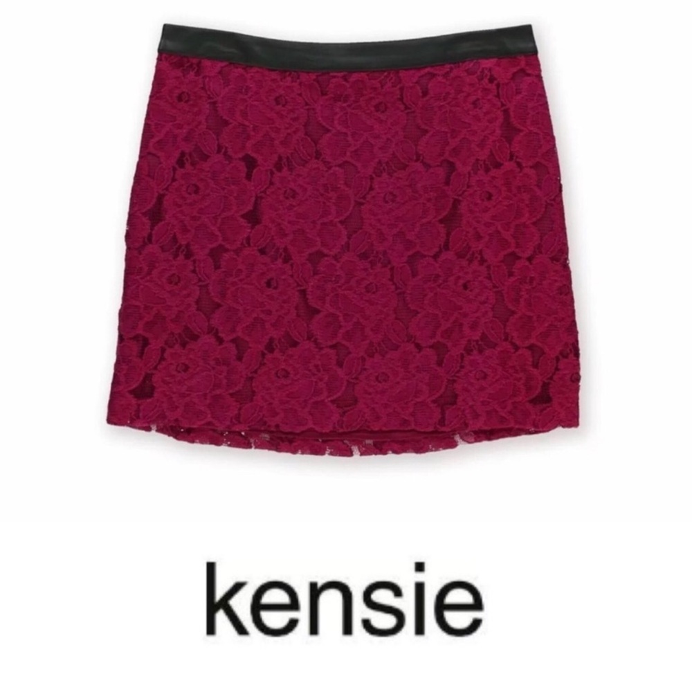 NWT Kensie Magenta Lace Mini Skirt Sz 10 | Faux Leather Waistband